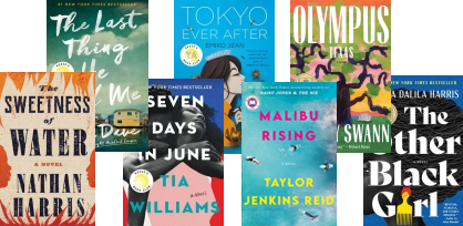 Photo collage of 7 of the recent titles chosen by famous bookclubs: "The Sweetness of Water" "The Last Thing He Told Me" " Seven Days in June" "Tokyo Ever After" " Malibu Rising" "Olympus" "The Other Black Girl"