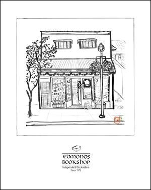 Picture of our new Gift Certificate which is ablack and white pencil sketch of the bookshop by Michelle Robles.