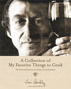 Photo of the cover of Tom Stockley's book "A Collection of My Favorite Things to Cook" which includes of photo of him toasting with a glass of wine.