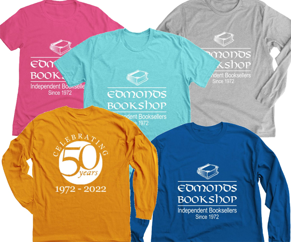 photo collage of t-shirt options: different colors and styles, long sleeved, short sleeved, and many colors with our new 50th Anniversary celebratory graphic.